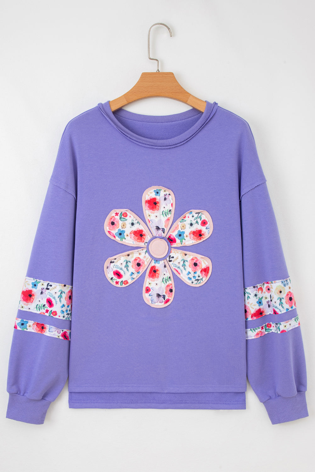 Wisteria Flower Applique Patchwork Drop Sleeve Pullover Sweatshirt