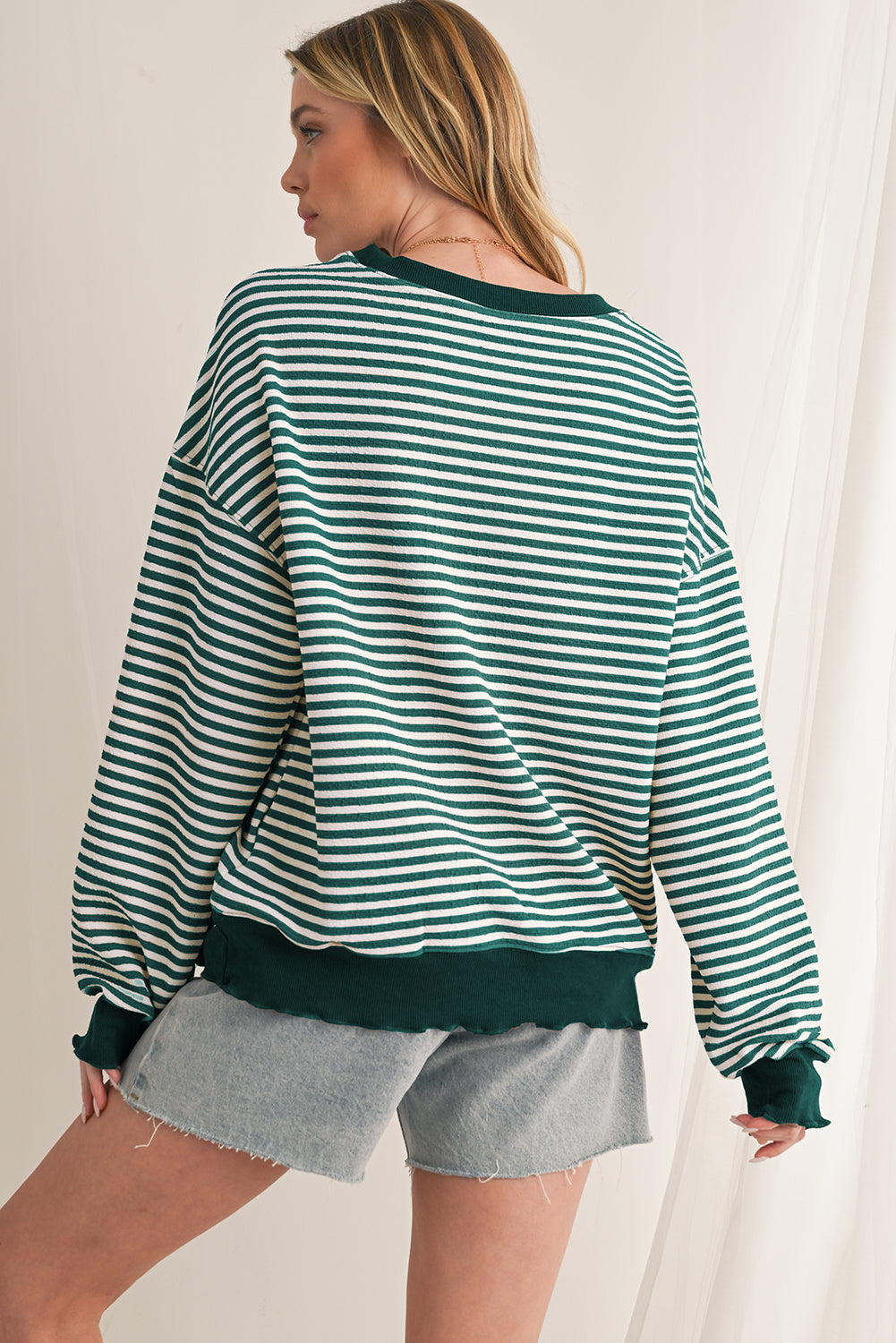 Green Stripe Drop Shoulder Long Sleeve Top