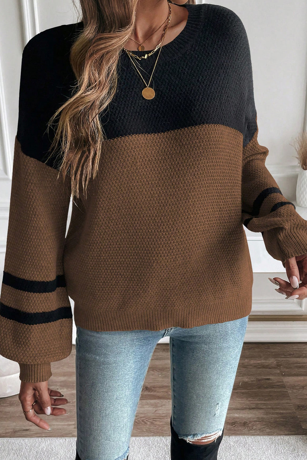 Dark Brown Colorblock Striped Sleeve Detail Knit Sweater