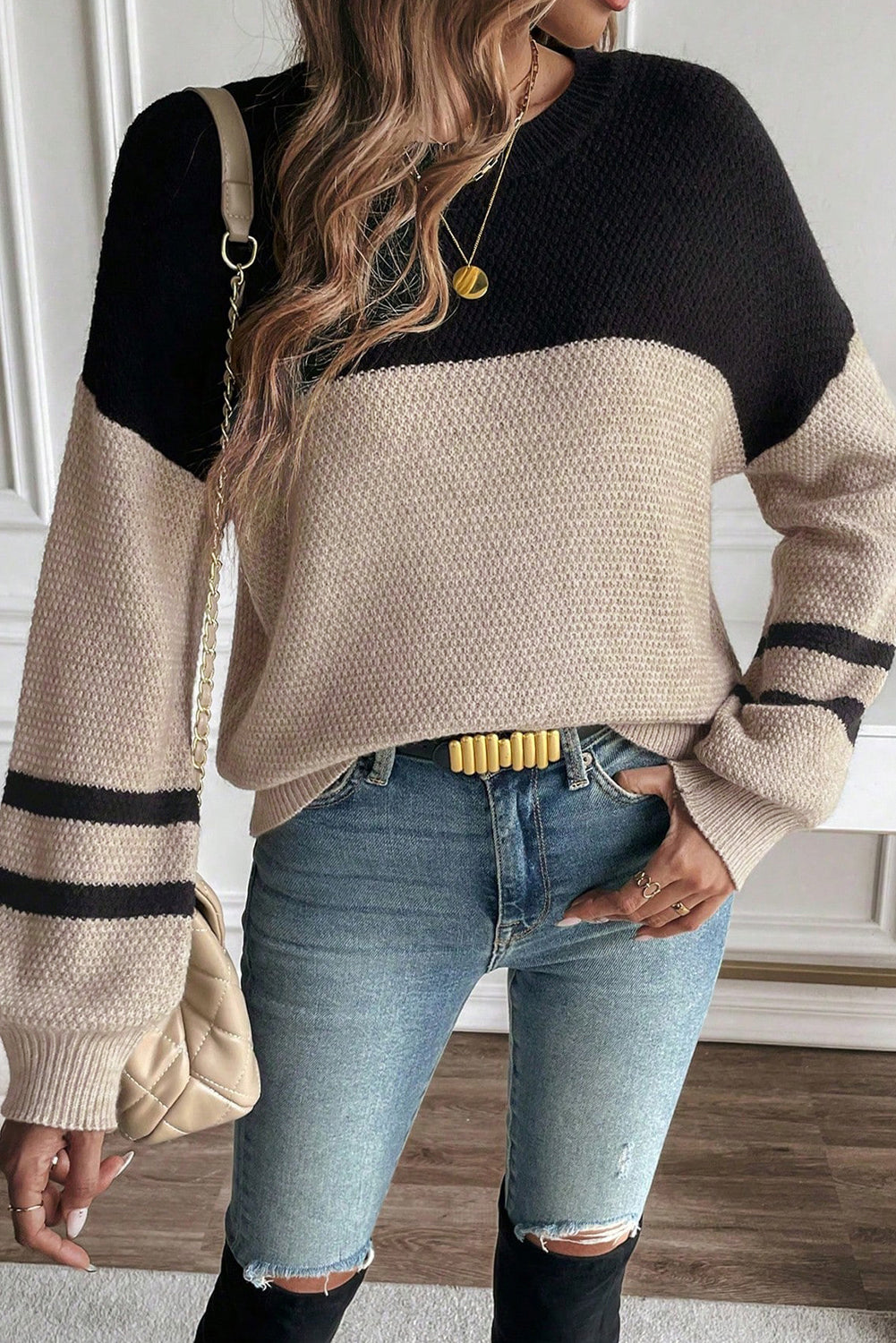 Parchment Colorblock Striped Sleeve Detail Knit Sweater