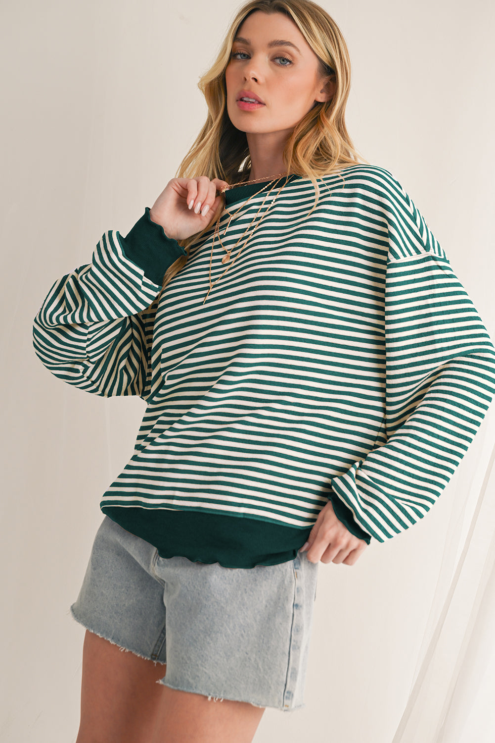 Green Stripe Drop Shoulder Long Sleeve Top