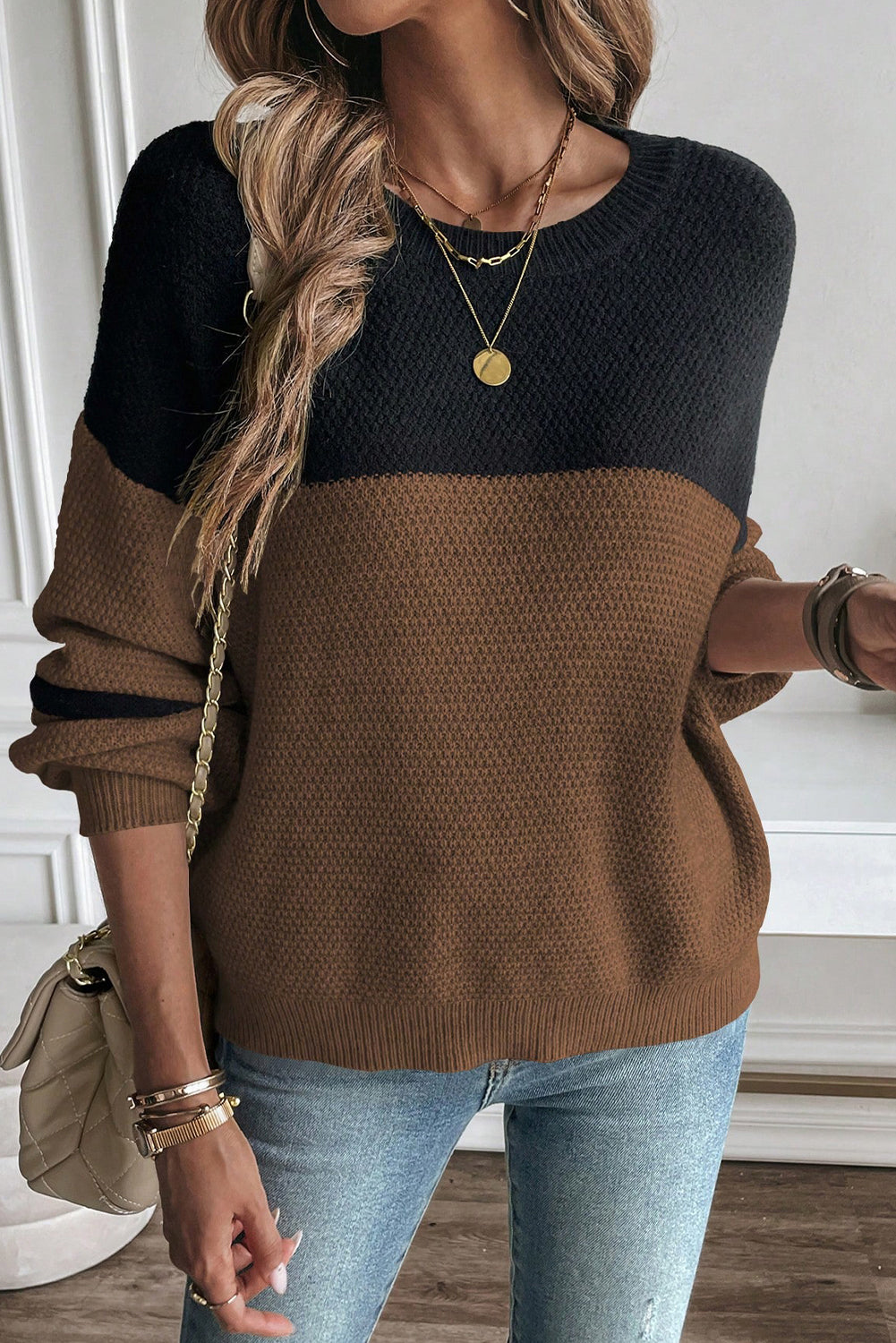 Dark Brown Colorblock Striped Sleeve Detail Knit Sweater