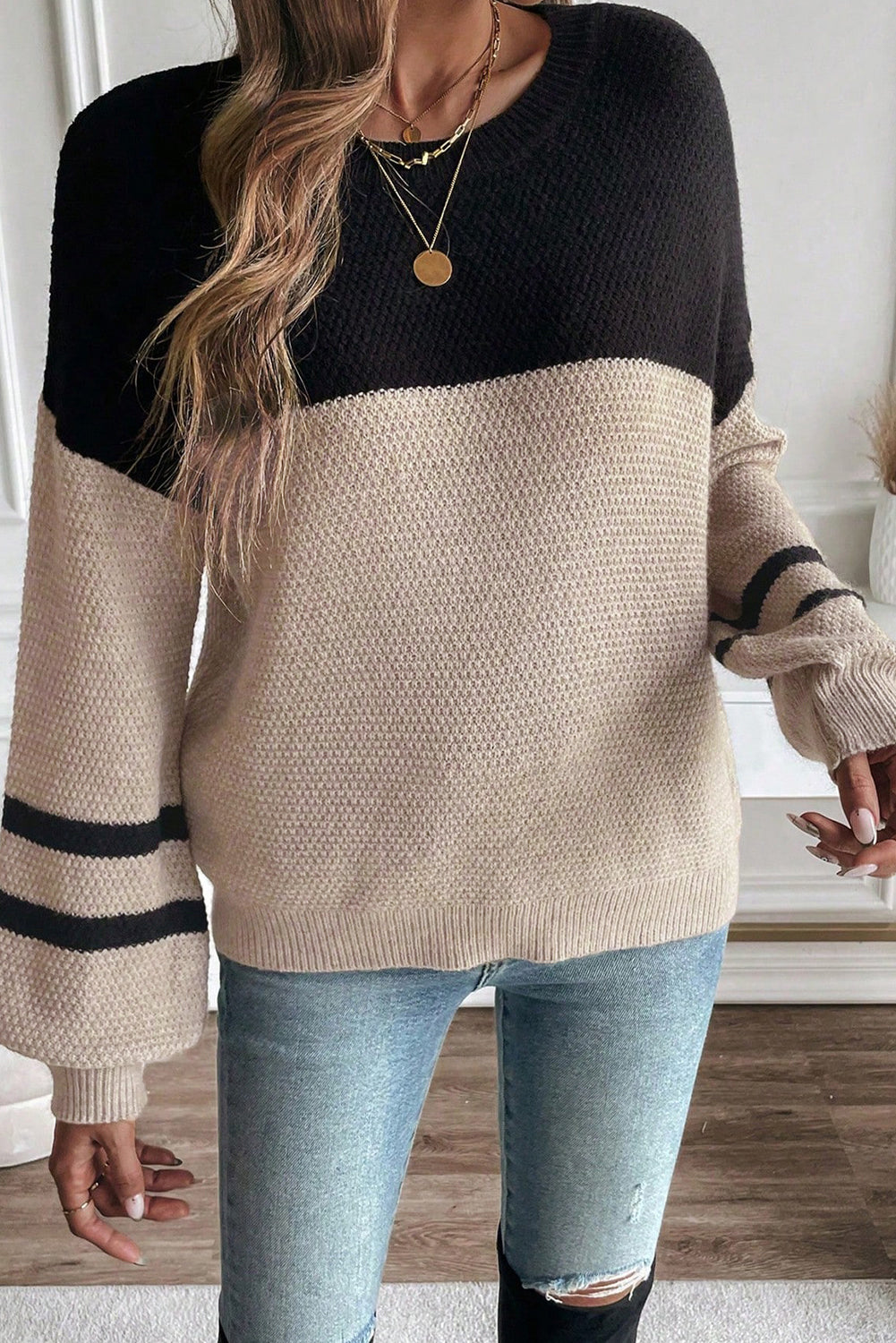 Parchment Colorblock Striped Sleeve Detail Knit Sweater