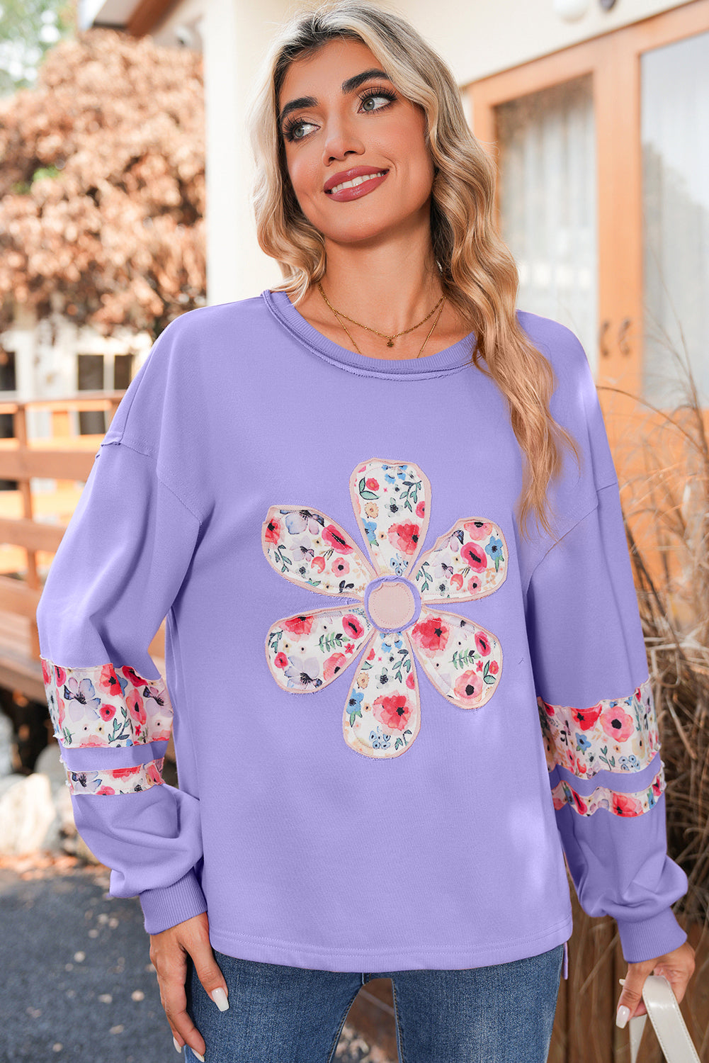 Wisteria Flower Applique Patchwork Drop Sleeve Pullover Sweatshirt