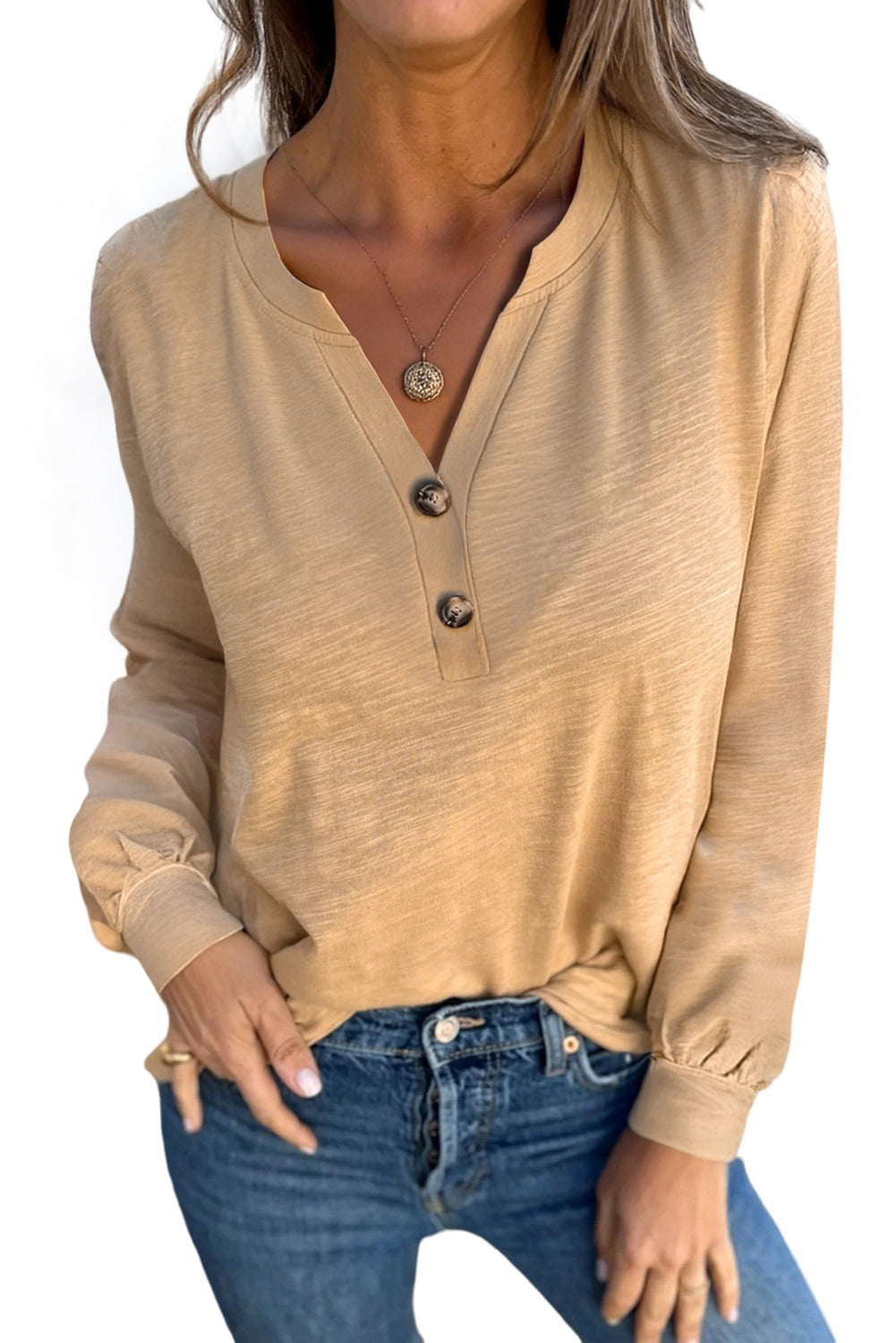 Light French Beige Casual Button V Neck Long Sleeve T-Shirt