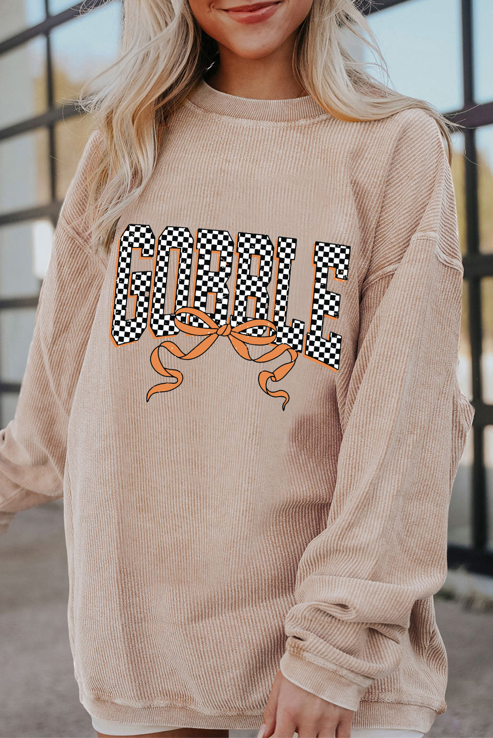 Apricot Twisted Ribbed Texture Checkered GOBBLE Bow Heat Transfer Printing Sweatshirt