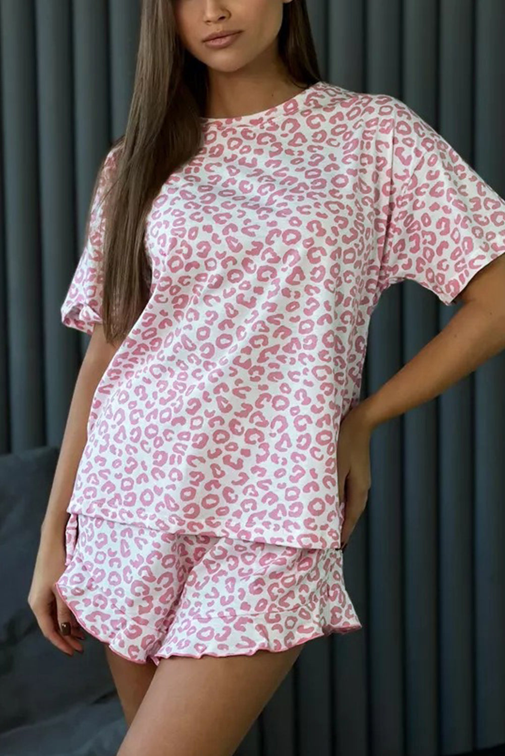 Pink Leopard Print Round Neck Top and Ruffle Trim Shorts Two Piece Pajama Set