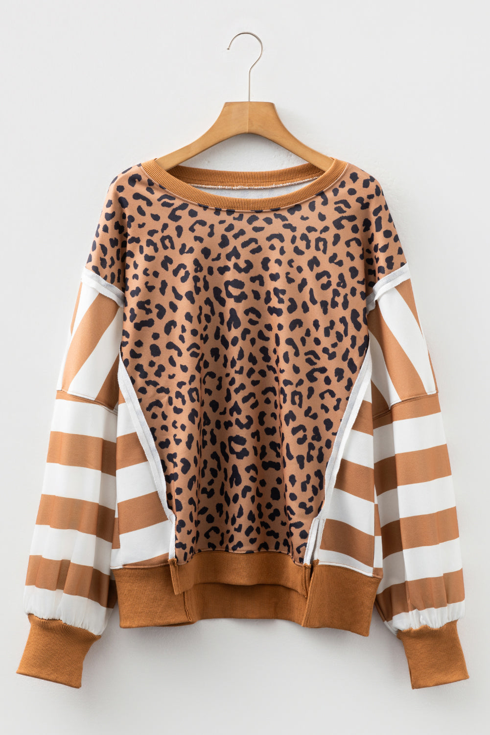 Khaki Striped Leopard Colorblock Side Slits Sweatshirt