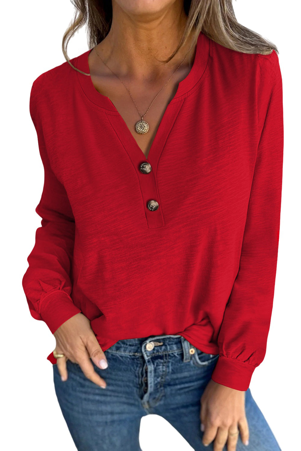 Light French Beige Casual Button V Neck Long Sleeve T-Shirt