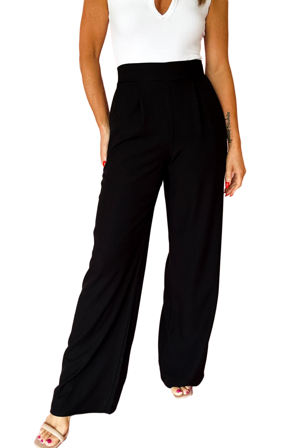 Black Pleated Detail Pull On Pants